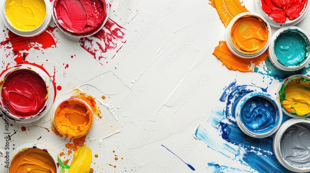 Poster arrangement of multiple colors on white backdrop flat lay overhead view room for text close up
