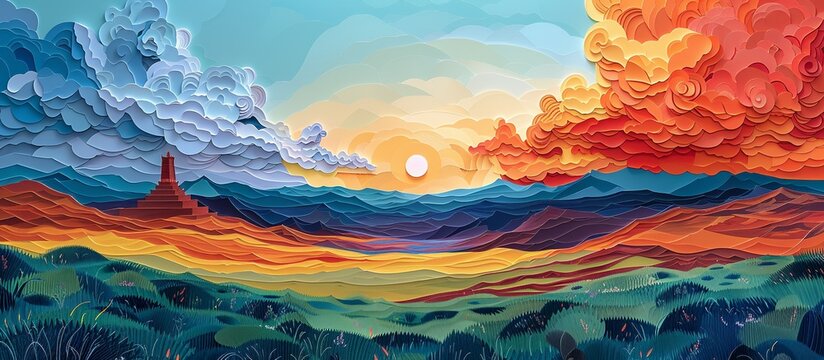 Detailed paper art of Ulaanbaatar&acirc;&euro;&trade;s Genghis Khan Statue, capturing the impressive monument against the backdrop of the vast Mongolian landscape in a vibrant style. Illustration, Minimalism,