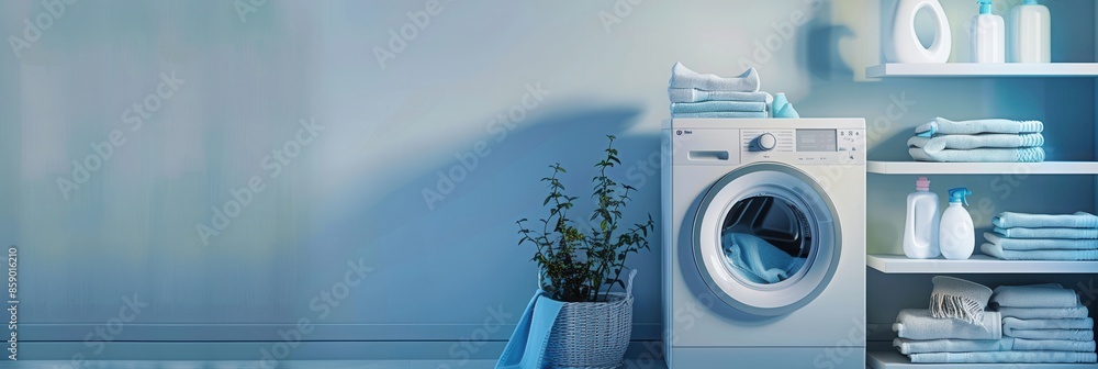 Poster a white washing machine sits in a modern bathroom with neatly folded clean laundry stacked on a shel