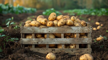 Freshly harvested potatoes in a wooden crate on a field.
