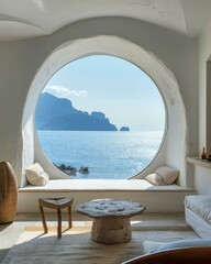 Obraz premium A stunning view of the Mediterranean Sea from a modern living room. AI.