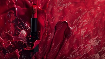 Fototapeta premium A promotional photo of lipstick on a dark red liquid background with abstract streaks.