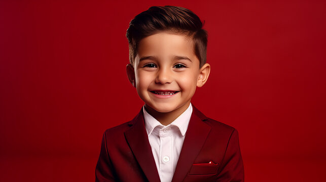 Portrait of a cute happy Hispanic Latino boy child with perfect skin, red background, banner.