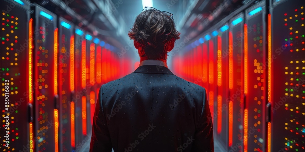 Poster man in a suit standing in a server room with colorful lights