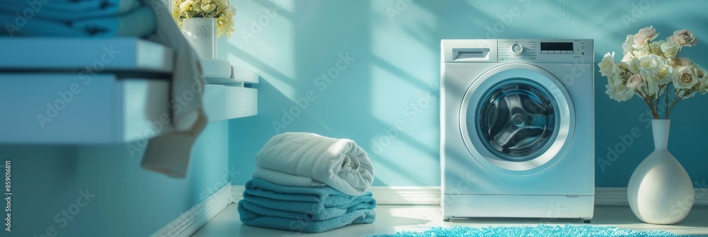 Poster a stack of neatly folded laundry sits on a counter next to a white washing machine in a blue bathroo
