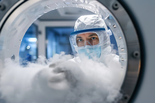 Lab assistant performing cryogenic preservation of biological samples, ultra-cold freezer, safety gear.
