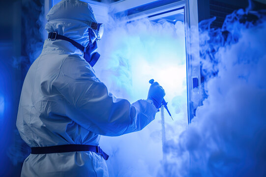 Lab assistant performing cryogenic preservation of biological samples, ultra-cold freezer, safety gear.