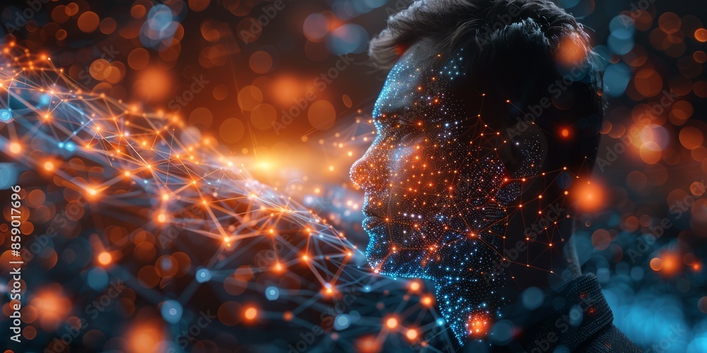Poster side profile of a man with digital network connections and glowing dots overlay