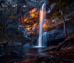 A beautiful waterfall in a forest at night. AI.