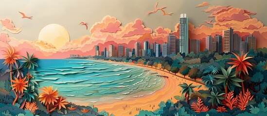 Intricate paper art scene of Colombo's Galle Face Green, depicting the lively beachfront promenade and surrounding cityscape in a beautifully crafted and colorful design. Illustration, Minimalism,