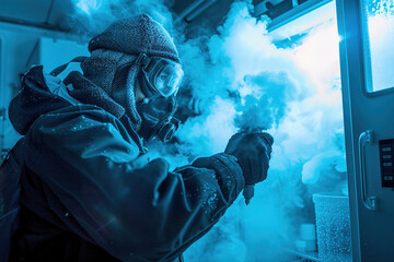 Fototapeta premium Lab assistant performing cryogenic preservation of biological samples, ultra-cold freezer, safety gear.