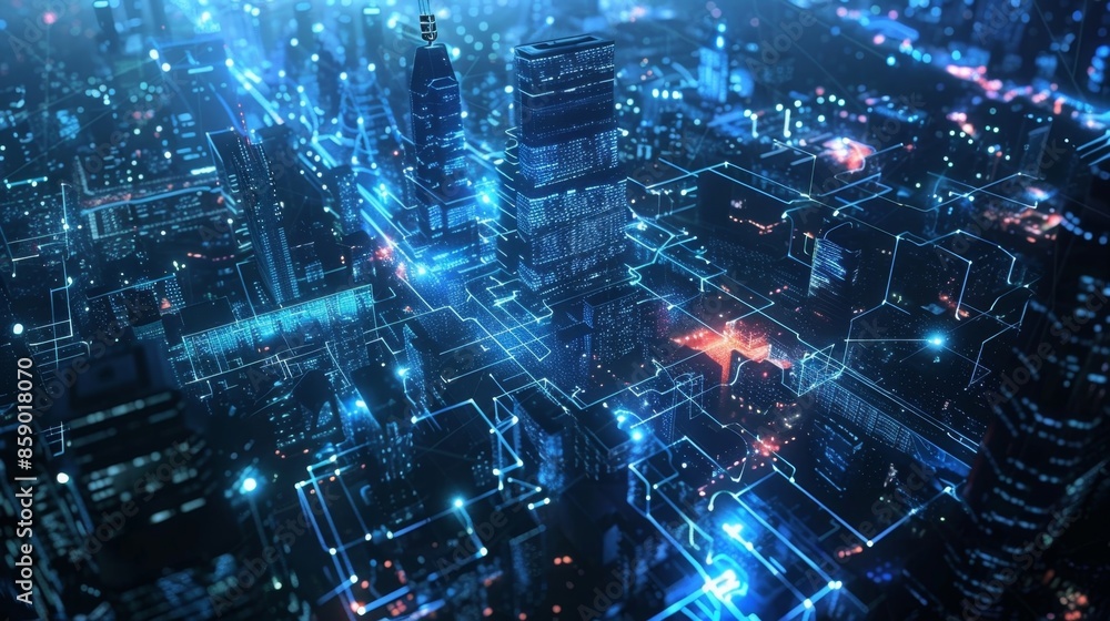 Poster an aerial view of the city reveals the intricate network of 5g towers and nodes enabling fast and re