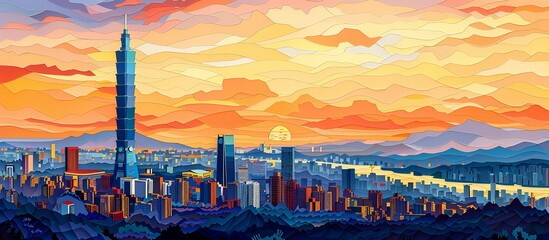 Intricate paper cut artwork of Taipei 101, showcasing the towering skyscraper against the backdrop of a bustling cityscape in a beautifully detailed and colorful style. Illustration, Minimalism,