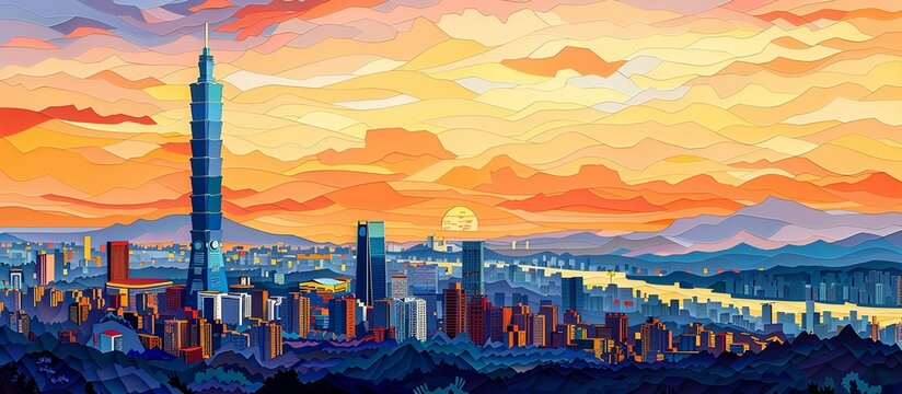 Intricate paper cut artwork of Taipei 101, showcasing the towering skyscraper against the backdrop of a bustling cityscape in a beautifully detailed and colorful style. Illustration, Minimalism,