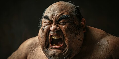 Portrait of a sumo wrestler with a fierce expression on his face. AI.