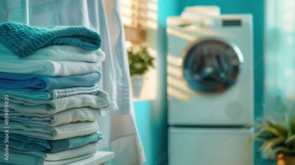 Poster a stack of freshly laundered clothing, folded and neatly arranged on a shelf, stands in front of a m