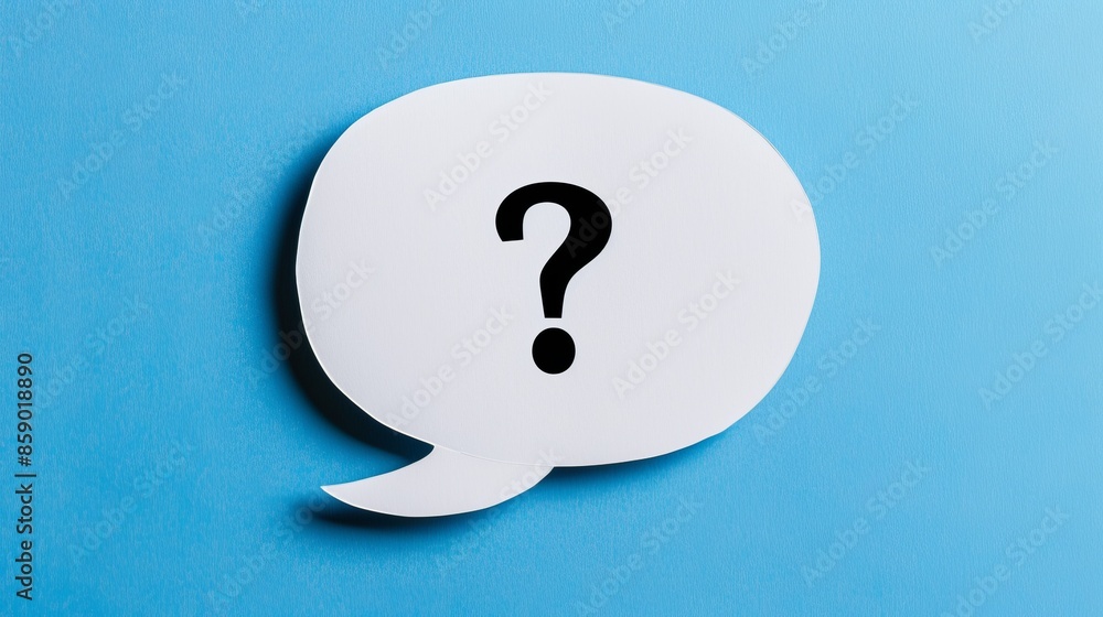 Poster question mark inside speech bubble on blue background. conceptual image symbolizing uncertainty or i