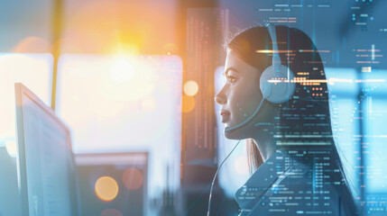 Woman with a headset working at a computer, with code and data overlayed, against a backdrop of a bright, sunlit office.