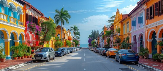 Fototapeta premium Meticulously crafted paper illustration of Malaccaâ€™s historic streets, depicting the charming blend of colonial architecture and vibrant cultural heritage in a detailed style. Illustration,