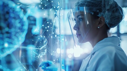 A female scientist in a lab coat and face shield looks intently at a scientific experiment.  The image is blue toned and has a futuristic feel.