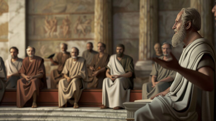A serene gathering of ancient philosophers in a grand marble hall, engaged in thoughtful discussion under soft light.