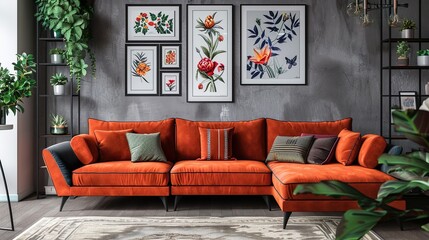 Stylish living room interior yellow sofa artistic pillows colorful wall decor modern design