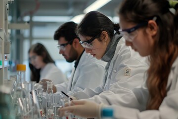 A group of scientists in lab coats work in a laboratory setting. They are focused on their task and wearing safety goggles.