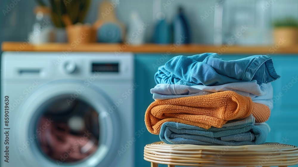 Poster a stack of neatly folded clean laundry sits on a woven stool next to a washing machine in a home lau