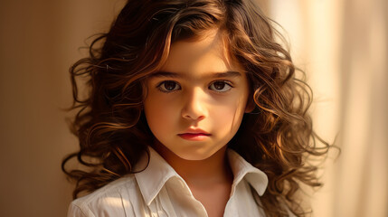 Fototapeta premium Portrait of a cute happy Hispanic Latino boy child with long hair and perfect skin, creamy beige background, banner.