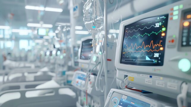 A hospital room with medical equipment, including a heart monitor, showing a patient's vital signs.