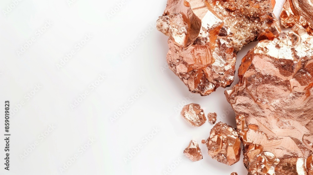 Poster close up view of copper nugget on white background with space for text
