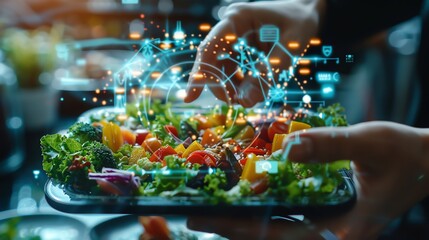A server presents a platter of fresh vegetables with a digital network overlay, representing the interconnectedness of food production and consumption.