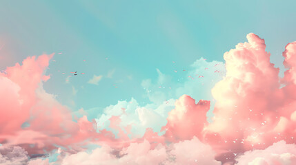 Dreamy sky with pink and white fluffy clouds against a blue pastel background, creating a serene and magical atmosphere.