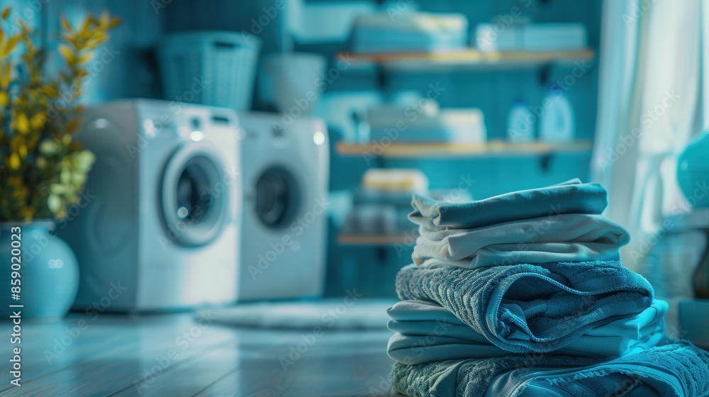 Poster a stack of folded laundry sits in front of a washing machine, with shelves and cleaning supplies vis
