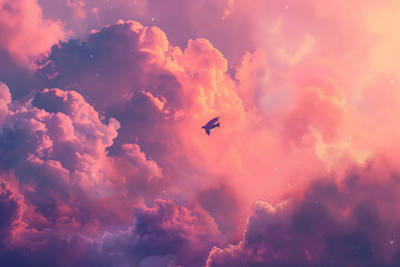 Stunning digital artwork of an airplane flying amid vibrant pink and purple clouds at sunset, evoking a sense of freedom and beauty.