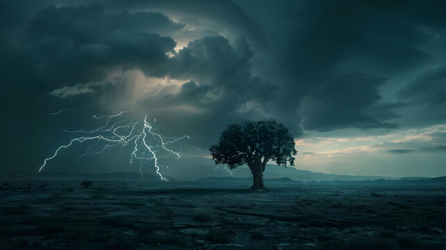 A lone tree in a vast, empty landscape silhouetted against a backdrop of dark storm clouds and multiple lightning strikes illuminating the scene