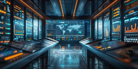 Futuristic control room with digital screens and data displays
