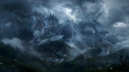 A mountain range under a heavy thunderstorm, with jagged peaks illuminated by lightning and thick clouds rolling in, creating a sense of foreboding and awe