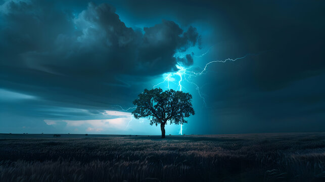 A lone tree in a vast, empty landscape silhouetted against a backdrop of dark storm clouds and multiple lightning strikes illuminating the scene
