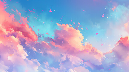 Vibrant, dreamy sunset sky with colorful pink and blue clouds, perfect for backgrounds and artistic nature themes.