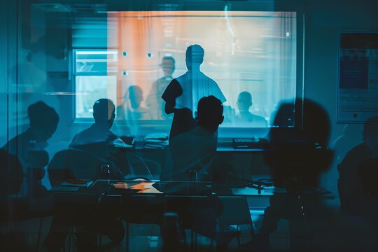 Silhouettes of people in a meeting, listening to a speaker projected on a screen.  A concept of teamwork, collaboration, and innovation.