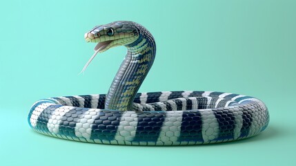 Fototapeta premium 3d King Cobra Black Snake The world's longest venomous snake isolated on green background, King cobra snake 3d illustration, King cobra snake 3d Rendering. 