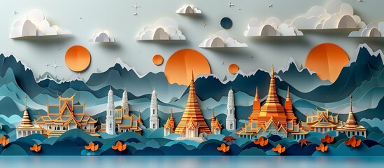 A detailed paper craft of Bangkok cityscape, this illustration captures the essence of Thailand's capital with its stunning temples, bustling markets, and modern skyline. Illustration, Minimalism,
