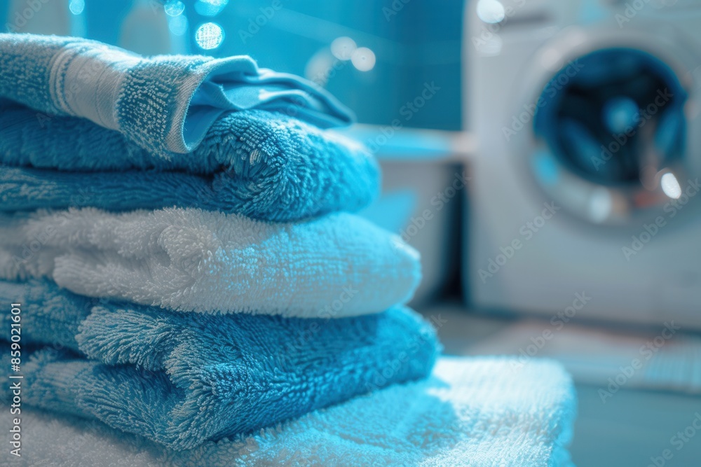 Aufkleber A stack of neatly folded clean towels sits on a countertop in front of a washing machine. Generative AI