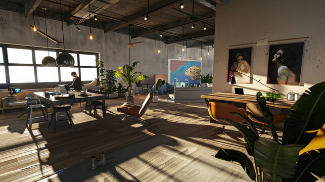 Modern, spacious office with stylish decor, plants, and natural light, creating a welcoming and productive work environment.