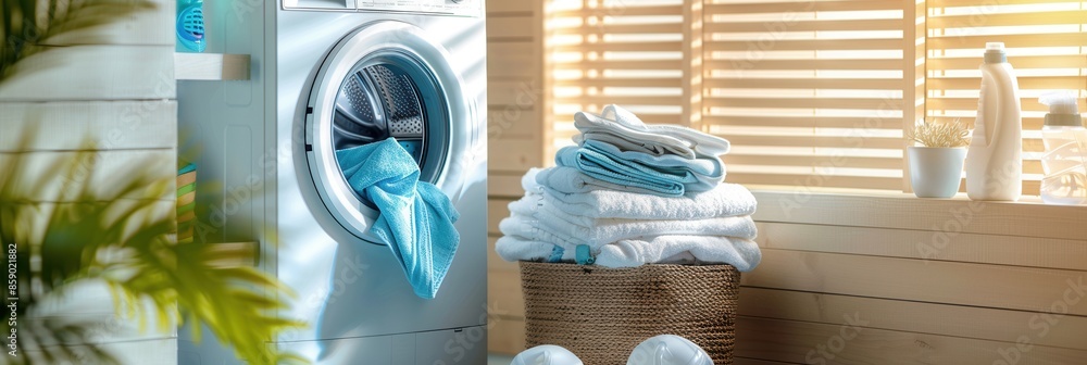 Poster a basket filled with freshly washed and neatly folded laundry sits next to a washing machine in a la