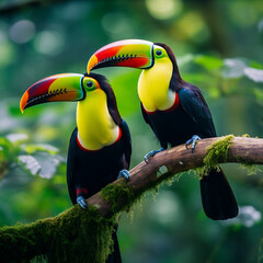 Obraz premium Beautiful couple of toucans on a branch in the forest