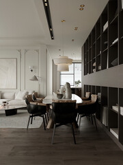 modern interior of a living room in an apartment with yellow armchairs and a TV area, direct angle to the TV stand and TV