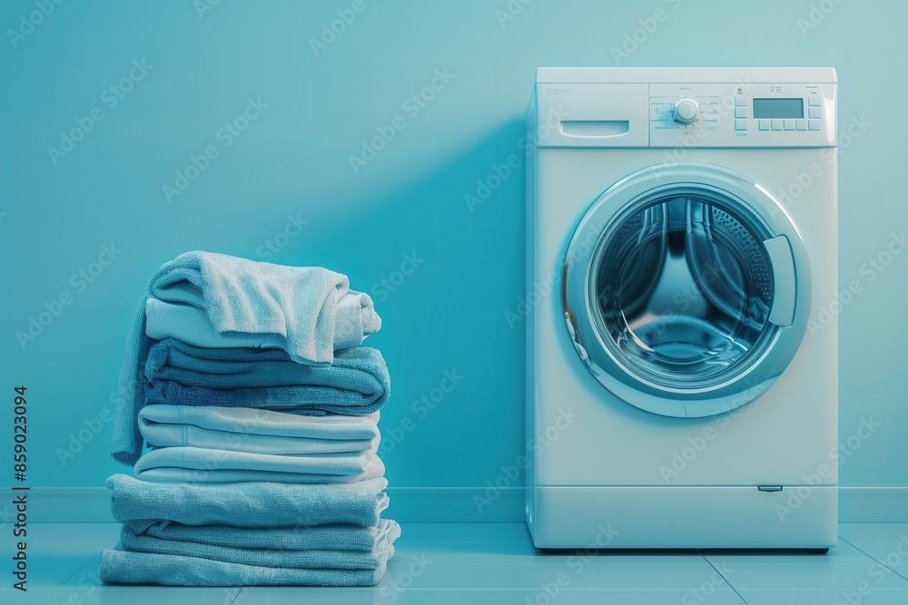 Poster a stack of neatly folded laundry sits beside a white washing machine in a blue room. generative ai