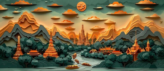 Capture the vibrant spirit of Bangkok with this intricate paper craft illustration, featuring the city's iconic structures like Wat Arun and the bustling Chao Phraya River. Illustration, Minimalism,
